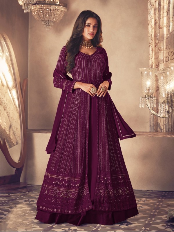 Georgette Silk Party Wear Sharara In Wine With Embroidery Work 