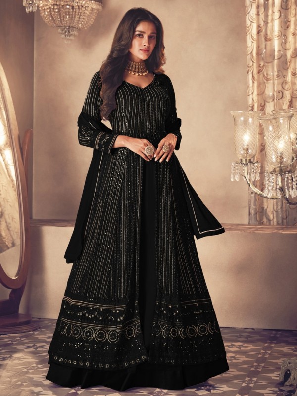 Georgette Silk Party Wear Sharara In Black With Embroidery Work 