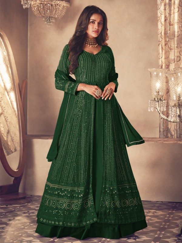 Georgette Silk Party Wear Sharara In Green With Embroidery Work 