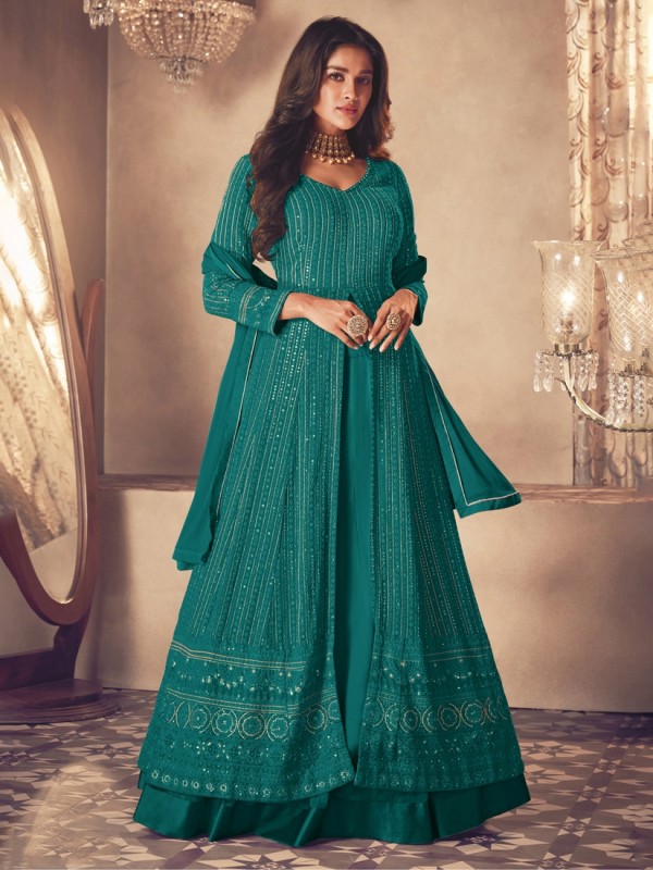 Georgette Silk Party Wear Sharara In Teal Blue With Embroidery Work 