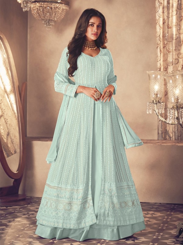 Georgette Silk Party Wear Sharara In Sky Blue With Embroidery Work 
