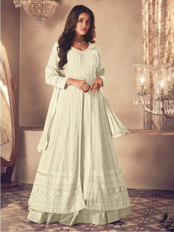 Georgette Silk Party Wear Sharara In Cream With Embroidery Work 