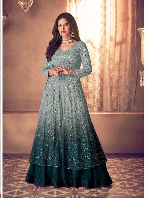 Pure Georgette Fabrics Party Wear Readymade Gown In Blue Color With Embroidery Work