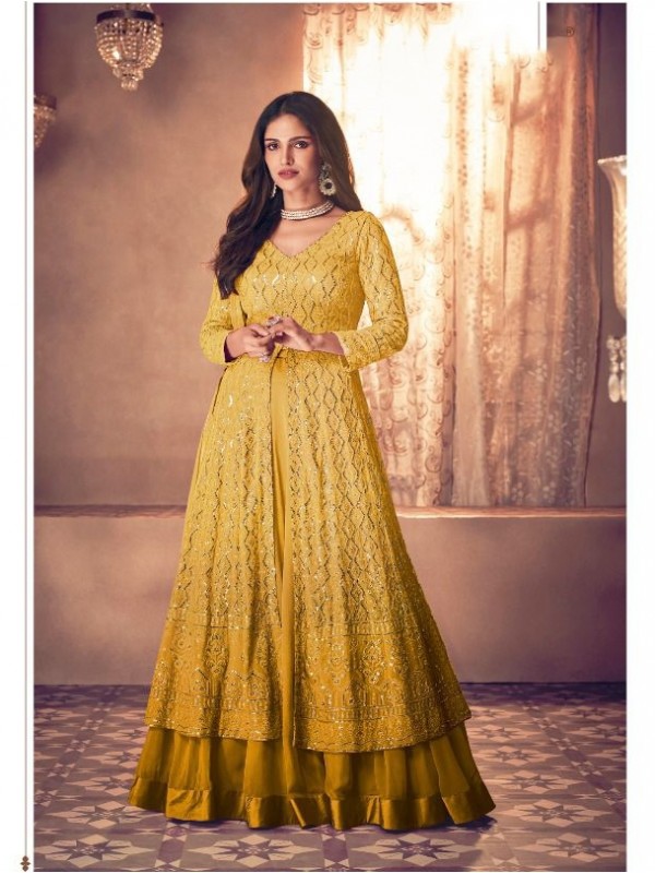 Pure Georgette Fabrics Party Wear Readymade Gown In Yellow Color With Embroidery Work