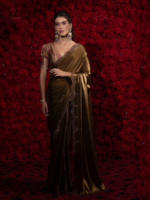 Satin Chiffon Party wear Saree In Gold Color with Swaroskvi Work 