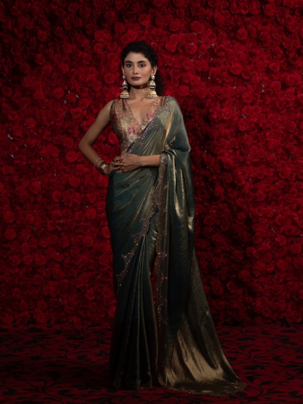 Satin Chiffon Party wear Saree In Lime Green Color with Swaroskvi Work 