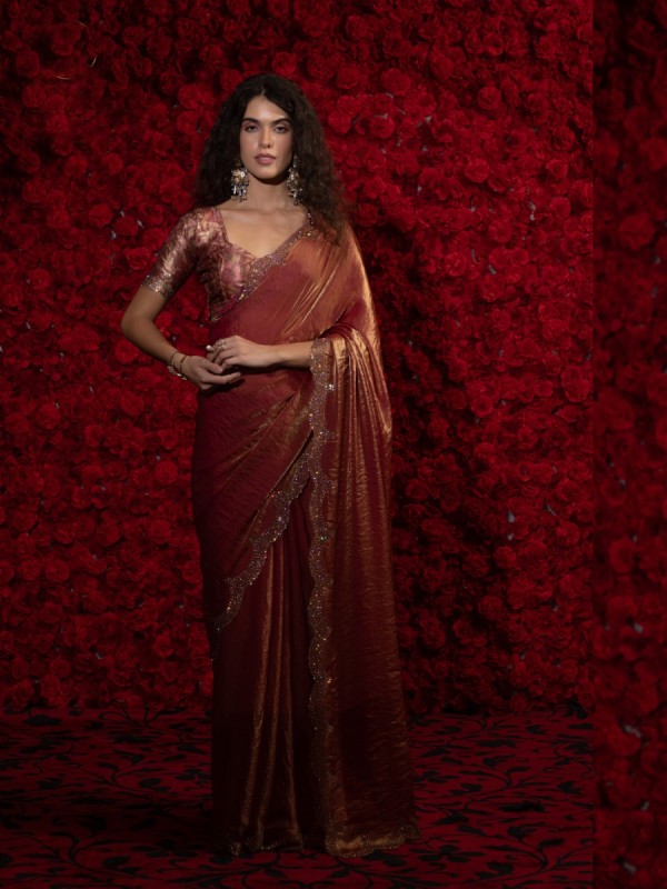 Satin Chiffon Party wear Saree In Orange Color with Swaroskvi Work 