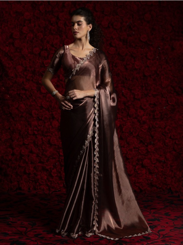 Tissue Chiffon Party wear Saree In Brown Color with Swaroskvi Work 