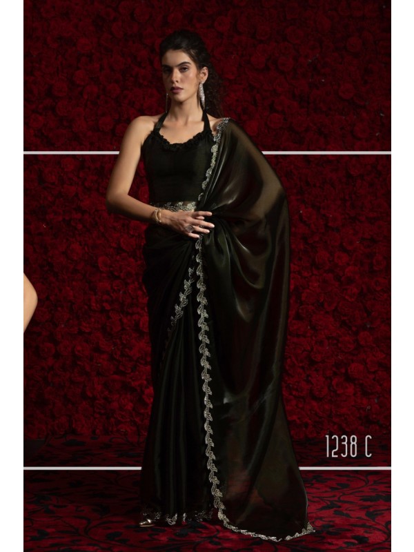 Tissue Chiffon Party wear Saree In Black Color with Swaroskvi Work 