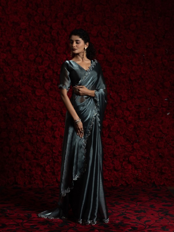 Tissue Chiffon Party wear Saree In Teal Blue Color with Swaroskvi Work 