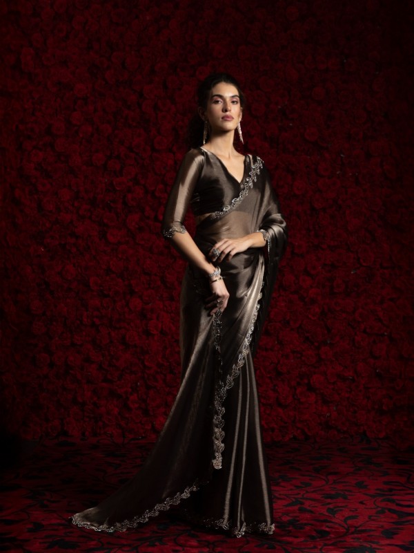 Tissue Chiffon Party wear Saree In Dark Grey Color with Swaroskvi Work 