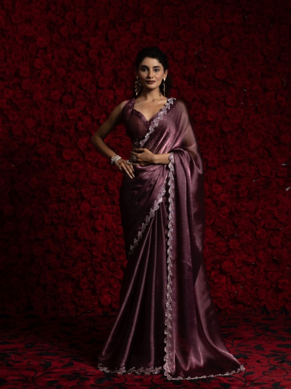 Tissue Chiffon Party wear Saree In Light Burgundy Color with Swaroskvi Work 