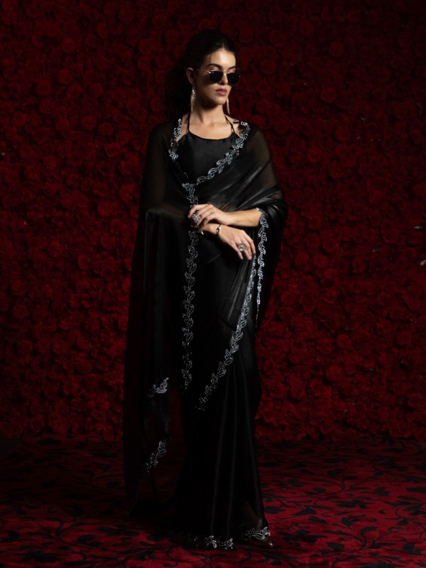 Tissue Chiffon Party wear Saree In Black Color with Swaroskvi Work 