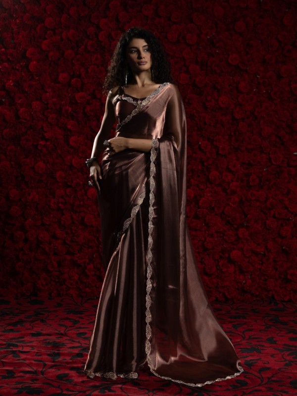 Tissue Chiffon Party wear Saree In Brown Color with Swaroskvi Work 