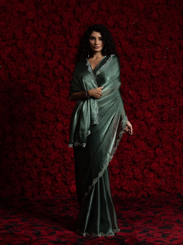 Tissue Chiffon Party wear Saree In Teal Green Color with Swaroskvi Work 