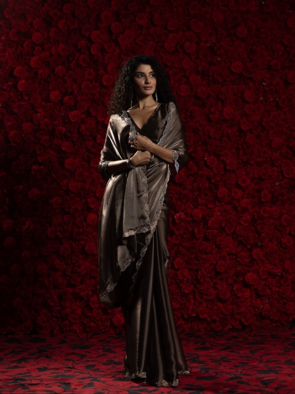 Tissue Chiffon Party wear Saree In Black Grey Color with Swaroskvi Work 