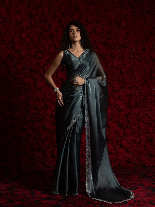 Tissue Chiffon Party wear Saree In Blue Grey Color with Swaroskvi Work 