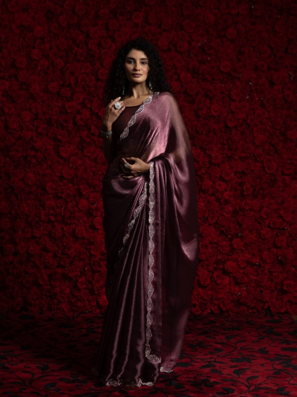 Tissue Chiffon Party wear Saree In Light Burgundy Color with Swaroskvi Work 