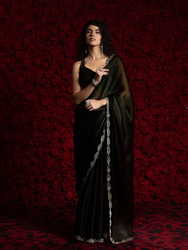 Tissue Chiffon Party wear Saree In Black Color with Swaroskvi Work 
