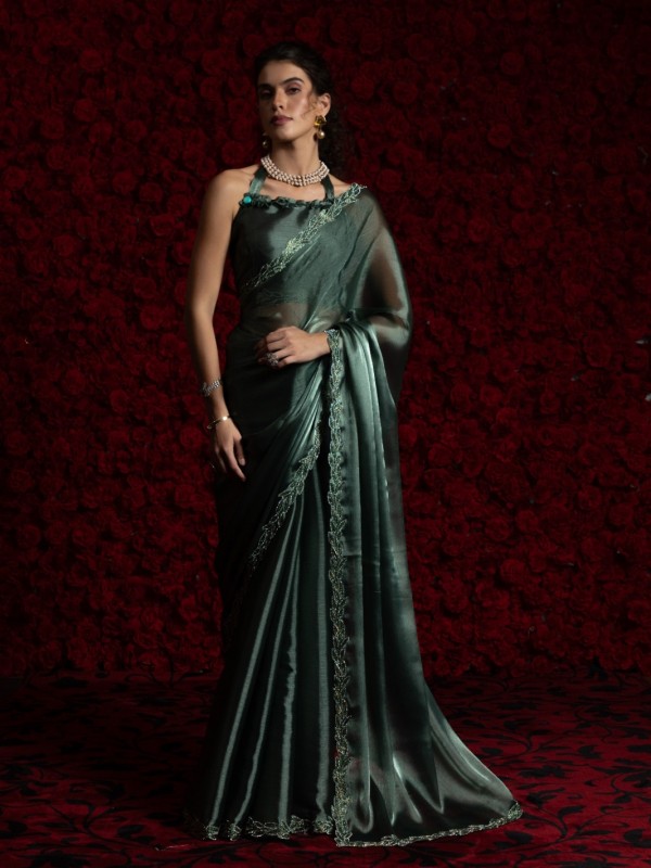 Tissue Chiffon Party wear Saree In Teal Green Color with Swaroskvi Work 
