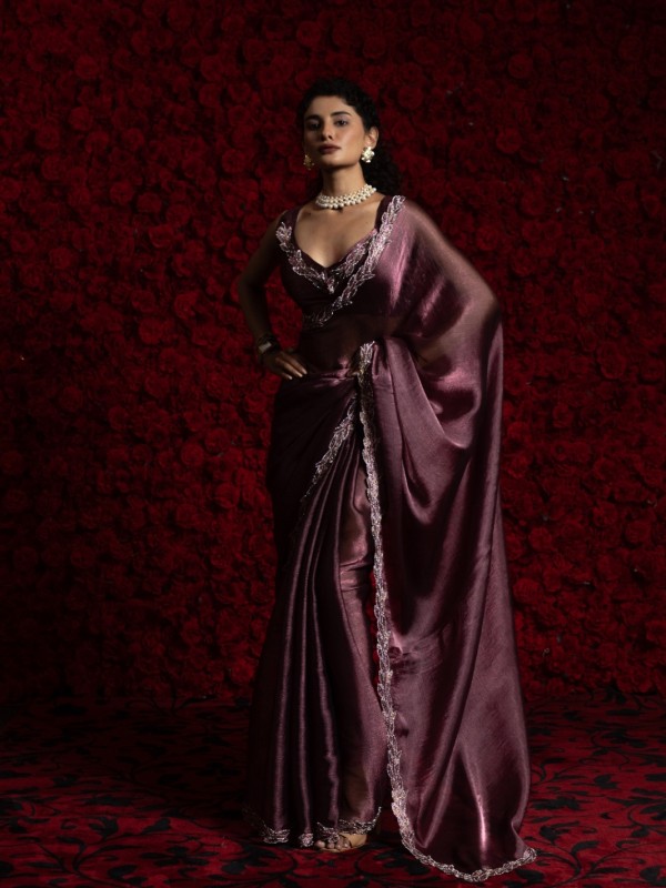 Tissue Chiffon Party wear Saree In Light Burgundy Color with Swaroskvi Work 
