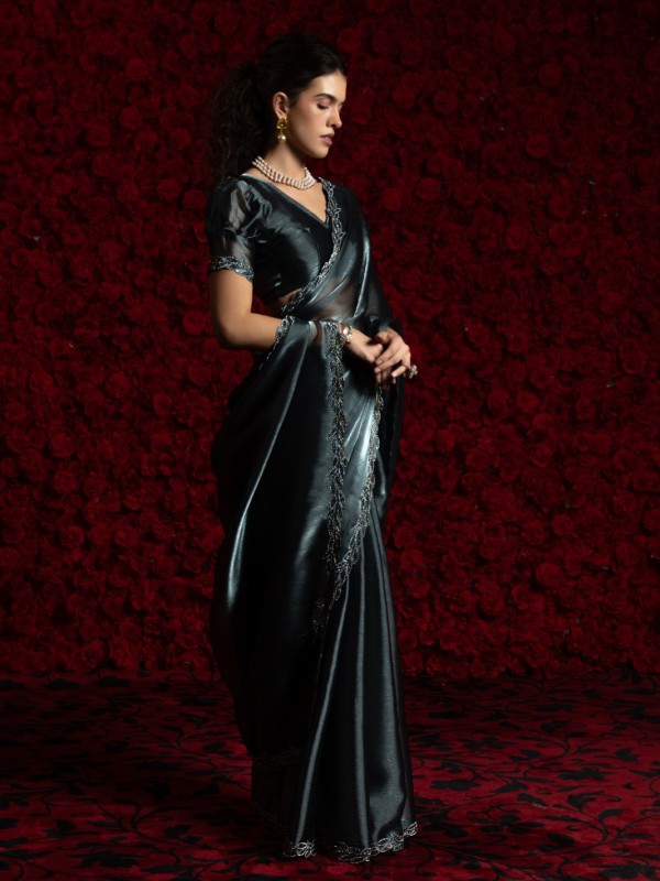 Tissue Chiffon Party wear Saree In Blue Grey Color with Swaroskvi Work 