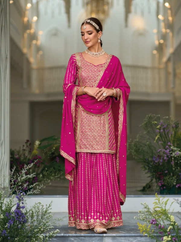 Pure Silk Party Wear Sharara In Pink With Embroidery Work 