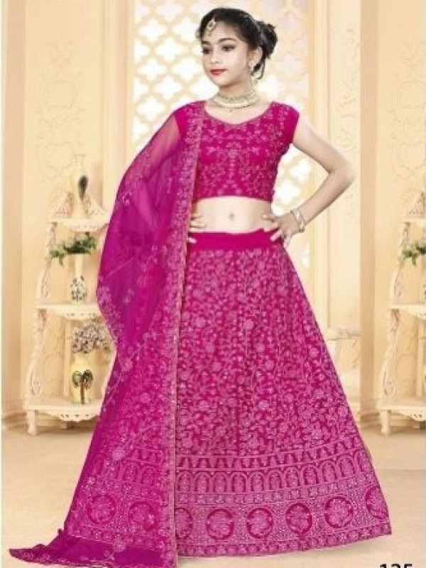 Soft Premium Net Party Wear Kids Lehenga In Pink WIth Embrodiery Work 
