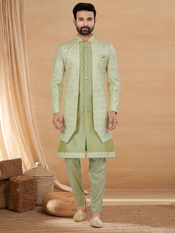 Pure Viscose Silk IndoWestern Ready Made Dress in Pastel Green Color with Embroidery work 