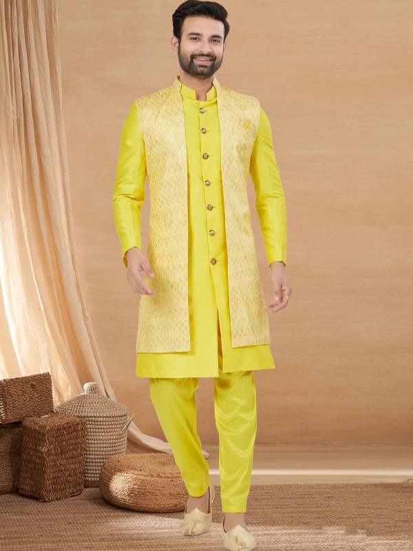 Pure Viscose Silk IndoWestern Ready Made Dress in Yellow Color with Embroidery work 