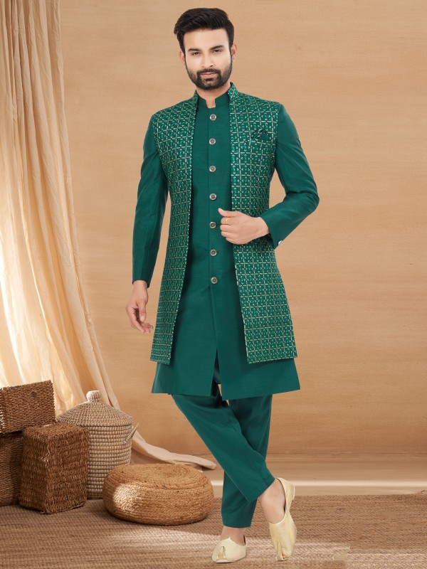 Art Silk IndoWestern Ready Made Dress in Green Color with Embroidery work 