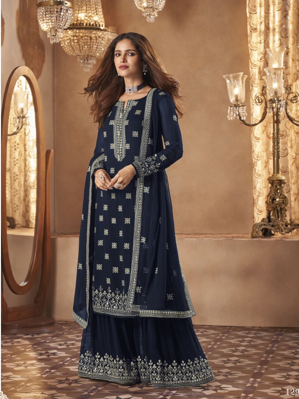Real Geogratte  Party Wear Readymade Sharara  in Blue Color with  Embroidery Work