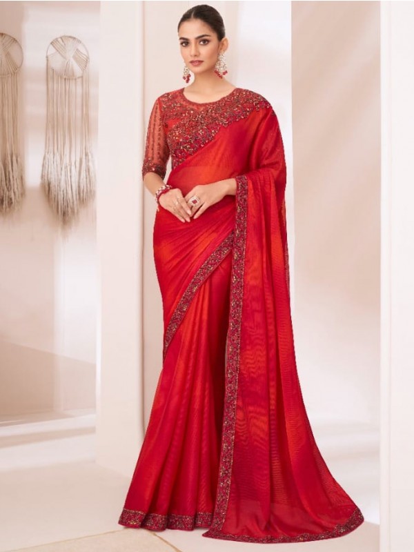 Chiffon  Party wear Saree Red Color With Embroidery Work
