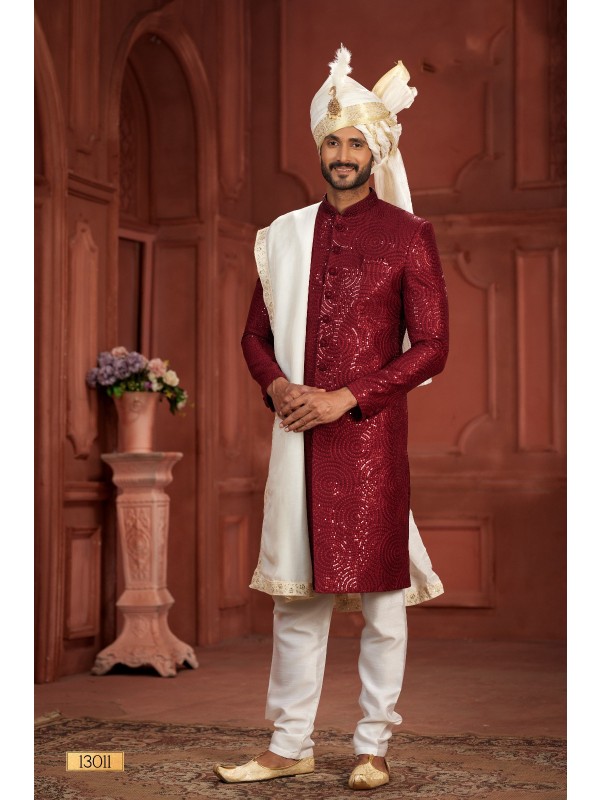 Pure Silk fabric with Embroidery Work Wedding Wear Sherwani set in Maroon Color 