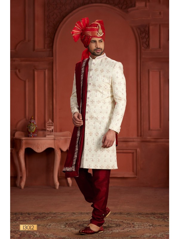 Pure Silk fabric with Embroidery Work Wedding Wear Sherwani set in Cream Color 