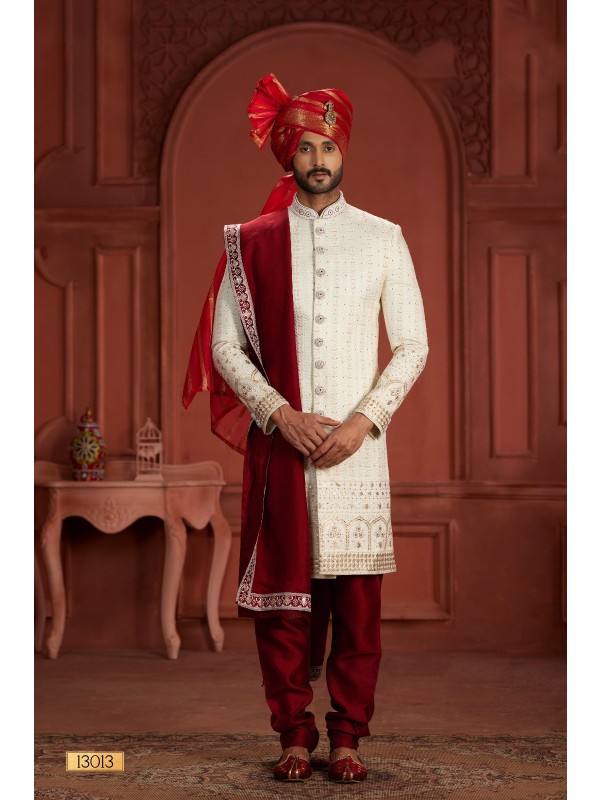 Pure Silk fabric with Embroidery Work Wedding Wear Sherwani set in Cream Color 