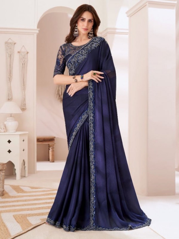 Chiffon  Party wear Saree Royal Blue Color With Embroidery Work