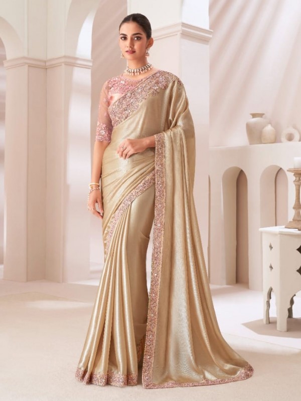 Chiffon  Party wear Saree Beige Color With Embroidery Work