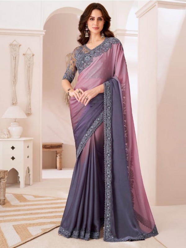Chiffon  Party wear Saree Pink Color With Embroidery Work