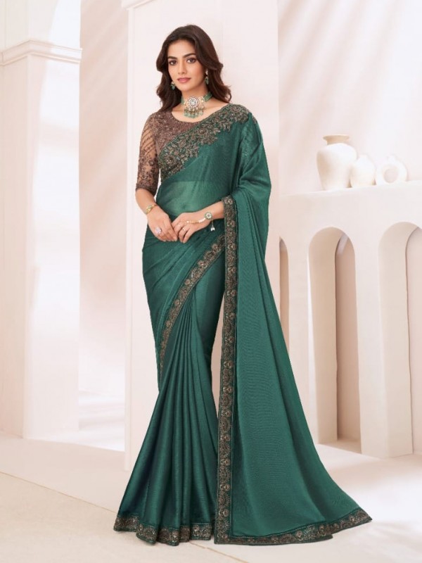 Silk Georgette  Party wear Saree Teal Green Color With Embroidery Work
