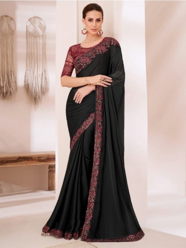 Chiffon  Party wear Saree Black Color With Embroidery Work