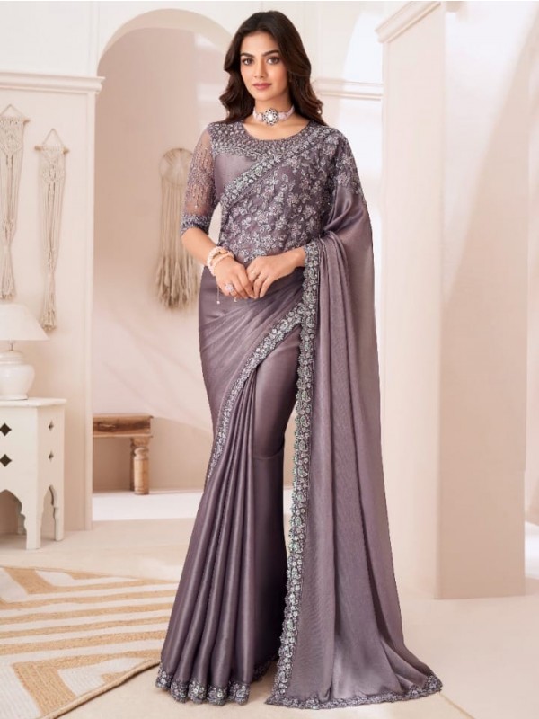 Sateen Silk  Party wear Saree Grey Color With Embroidery Work
