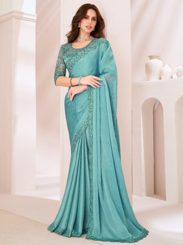 Silk Georgette  Party wear Saree Blue Color With Embroidery Work
