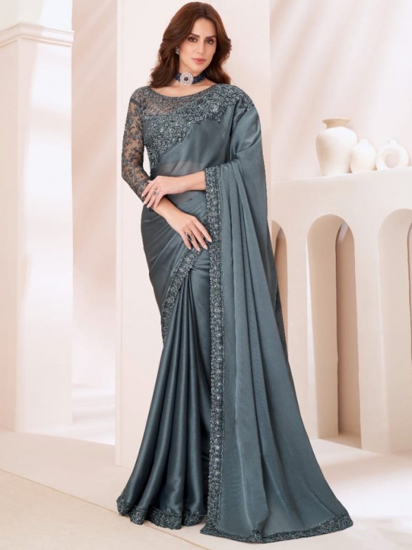 Silk Georgette  Party wear Saree Grey Color With Embroidery Work
