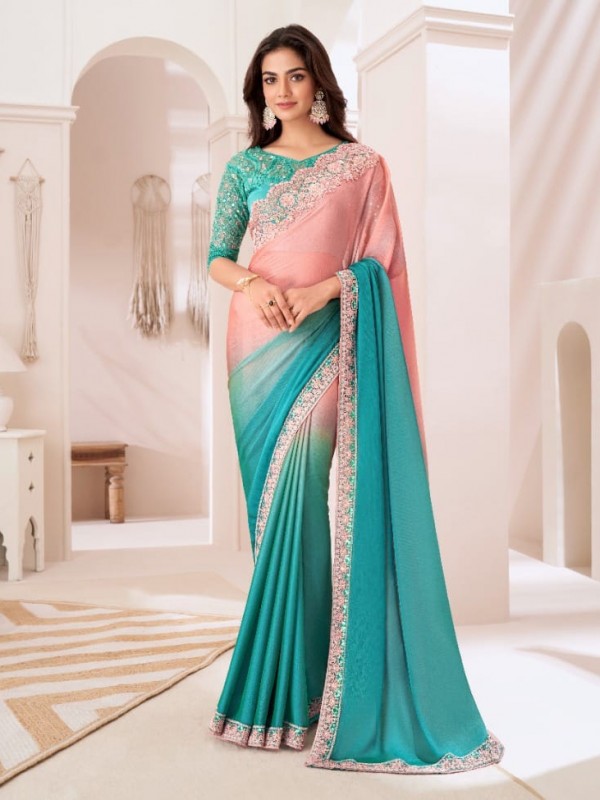 Chiffon  Party wear Saree Turquoise Color With Embroidery Work