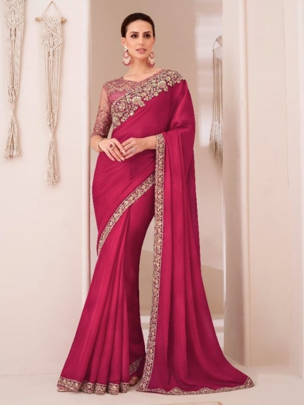 Chiffon  Party wear Saree Pink Color With Embroidery Work