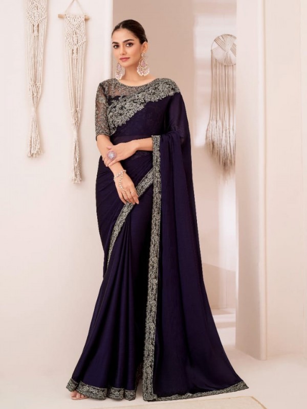 Chiffon  Party wear Saree Royal Blue Color With Embroidery Work
