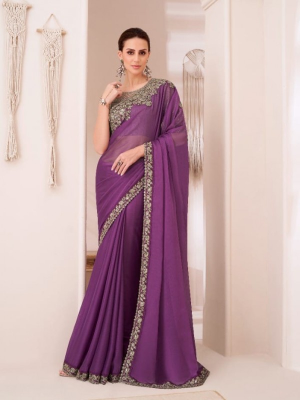 Chiffon  Party wear Saree Purple Color With Embroidery Work