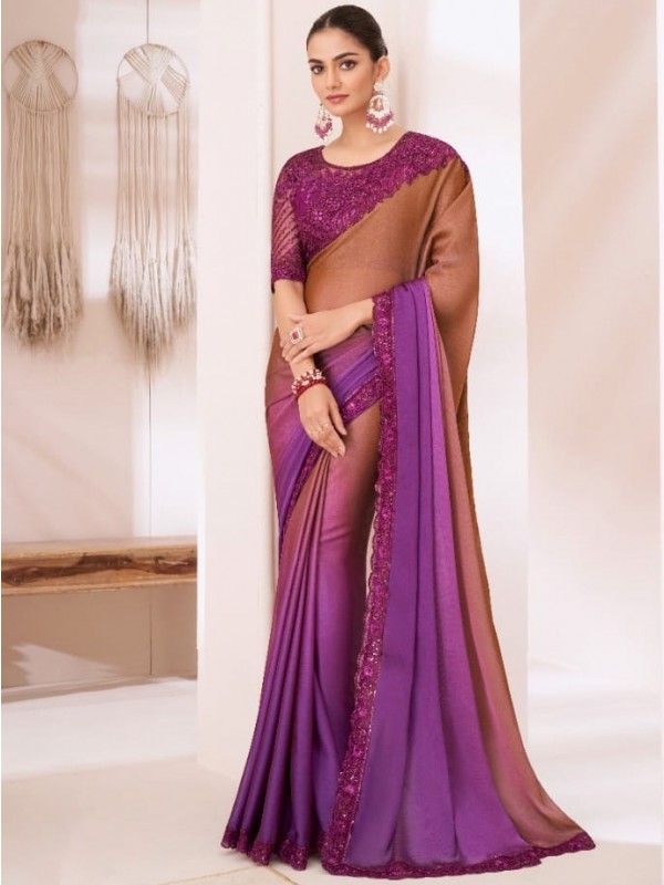 Chiffon  Party wear Saree Purple Color With Embroidery Work