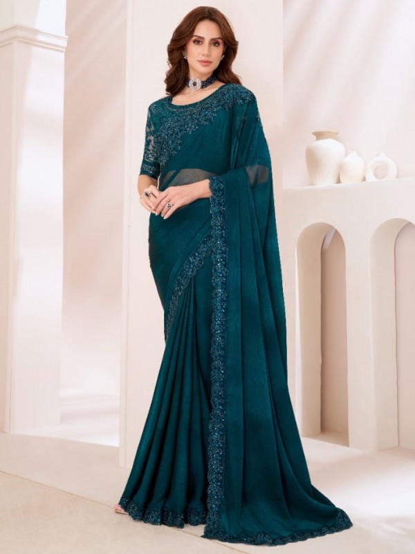 Chiffon  Party wear Saree Teal Green Color With Embroidery Work